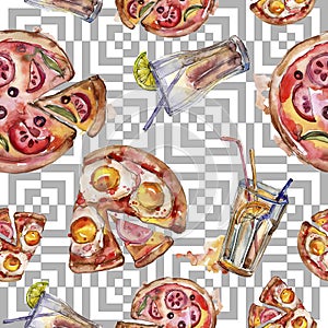 Fast food itallian pizza tasty food. Watercolor background illustration set. Seamless background pattern.