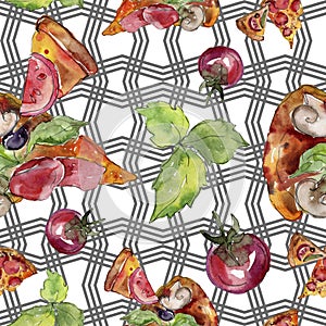 Fast food itallian pizza tasty food. Watercolor background illustration set. Seamless background pattern.