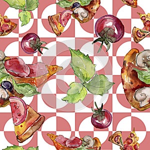 Fast food itallian pizza tasty food. Watercolor background illustration set. Seamless background pattern.