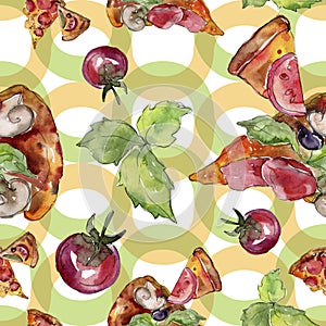 Fast food itallian pizza tasty food. Watercolor background illustration set. Seamless background pattern.