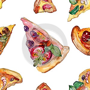 Fast food itallian pizza in a watercolor style isolated set. Watercolour seamless background pattern.