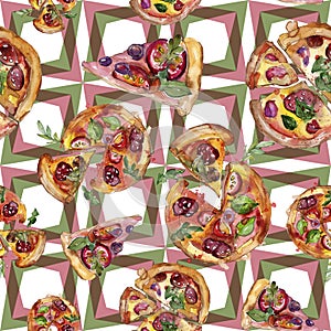 Fast food itallian pizza in a watercolor style isolated set. Watercolour seamless background pattern.