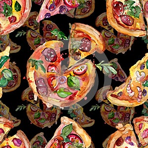 Fast food itallian pizza in a watercolor style isolated set. Watercolour seamless background pattern.