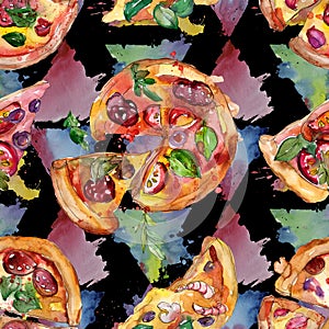 Fast food itallian pizza in a watercolor style isolated set. Watercolour seamless background pattern.