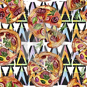 Fast food itallian pizza in a watercolor style isolated set. Watercolour seamless background pattern.