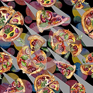 Fast food itallian pizza in a watercolor style isolated set. Watercolour seamless background pattern.