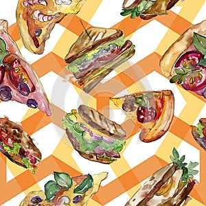 Fast food itallian pizza in a watercolor style isolated set. Watercolour seamless background pattern.