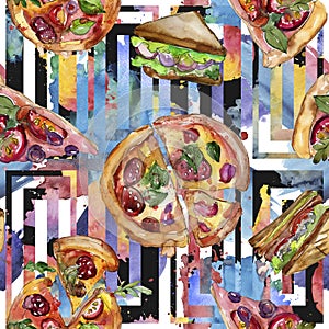 Fast food itallian pizza in a watercolor style isolated set. Watercolour seamless background pattern.