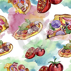 Fast food itallian pizza in a watercolor style isolated set. Watercolour seamless background pattern.