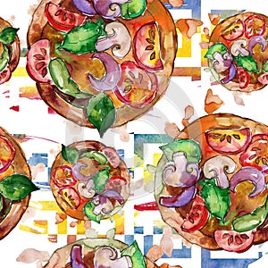 Fast food itallian pizza in a watercolor style isolated set. Watercolour seamless background pattern.