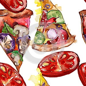 Fast food itallian pizza in a watercolor style isolated set. Watercolour seamless background pattern.