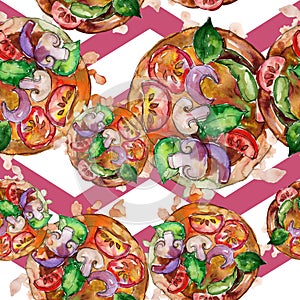 Fast food itallian pizza in a watercolor style isolated set. Watercolour seamless background pattern.