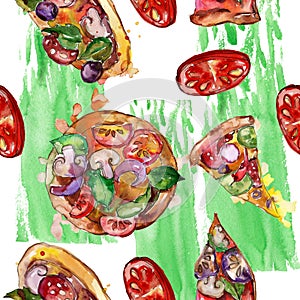 Fast food itallian pizza in a watercolor style isolated set. Watercolour seamless background pattern.