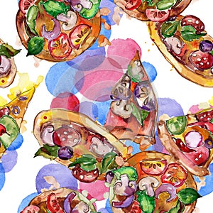 Fast food itallian pizza in a watercolor style isolated set. Watercolour seamless background pattern.