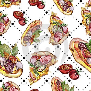 Fast food itallian pizza in a watercolor style isolated set. Watercolour seamless background pattern.