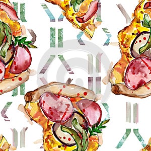 Fast food itallian pizza in a watercolor style isolated set. Watercolour seamless background pattern.