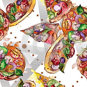 Fast food itallian pizza in a watercolor style isolated set. Watercolour seamless background pattern.