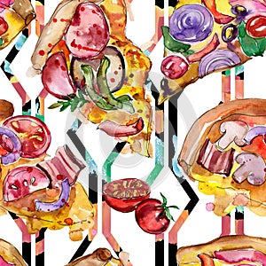 Fast food itallian pizza in a watercolor style isolated set. Watercolour seamless background pattern.