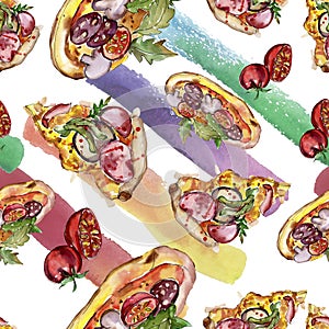 Fast food itallian pizza in a watercolor style isolated set. Watercolour seamless background pattern.