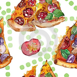 Fast food itallian pizza in a watercolor style isolated set. Watercolour seamless background pattern.