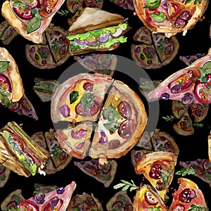 Fast food itallian pizza in a watercolor style set. Watercolour seamless background pattern.