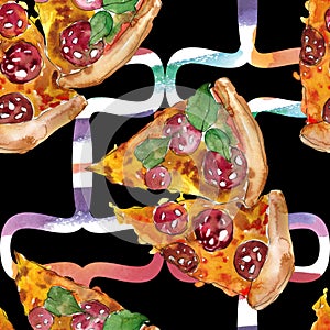 Fast food itallian pizza in a watercolor style  set. Watercolour seamless background pattern.