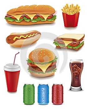 Fast food items-hamburger, fries, hotdog, drinks, sandwich, baguette