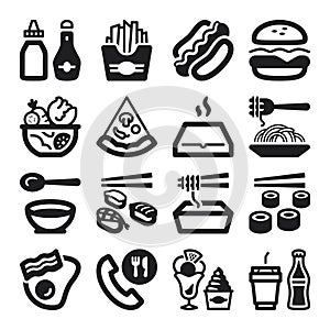 Fast food and junk food flat icons. Black