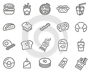 Fast Food Or Junk Food Icons Black & White Thin Line Set Big