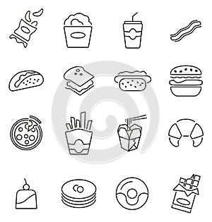 Fast Food or Junk Food Icons Thin Line Vector Illustration Set