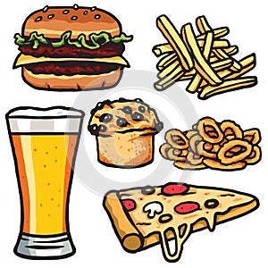 Fast Food, Junk Food Products Set. Isolated on White Background. Vector Image