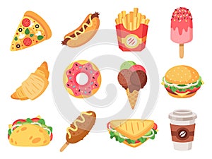 Fast food. Junk food and snacks, hamburger, taco, french fries, donut and pizza high calorie food. Doodle fast food