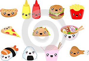 Fast Food Kawaii food, hot dog, hamburguer, pizza night, rice, chips, ketchup