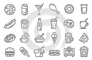 Fast food line icons. Cafeteria snack, sandwich, drink, pizza, hamburger and hotdog. Outline takeaway dishes and cafe