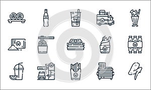 fast food line icons. linear set. quality vector line set such as chicken wings, french fries, smoothies, trash, drive thru, salt