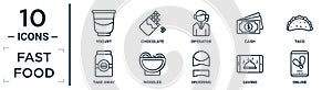 fast.food linear icon set. includes thin line yogurt, operator, taco, noodles, saving, online, take away icons for report,