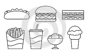 Fast food linear icons in flat design. Vector illustration.