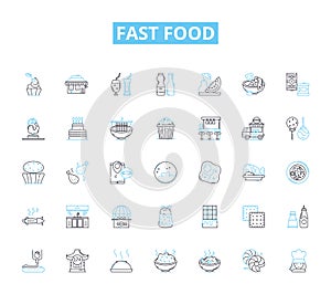 Fast food linear icons set. Burgers, Fries, Nuggets, Wings, Pizza, Tacos, Subs line vector and concept signs. Burritos