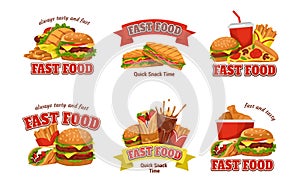 Fast food logo. Chef cook. Kitchen recipe. Typography for bakery. Bar label or snacks menu. Meal market badge. Hamburger