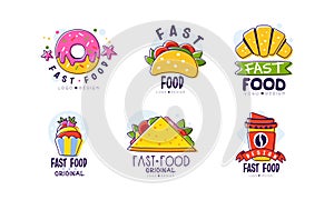 Fast food logo set. Cafe, restaurant, bar or bistro badges, labels cartoon vector illustration