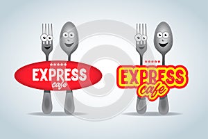 Fast food logo set, express cafe logo template. Fork and spoon cartoon characters, food theme logotype vector template