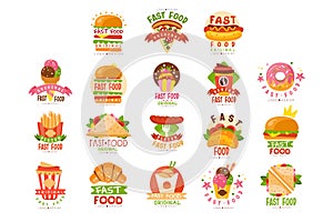 Fast food logos set, food and drink menu, burger, hot dog, pizza, taco, coffee, donut, sandwich, ice cream cone vector
