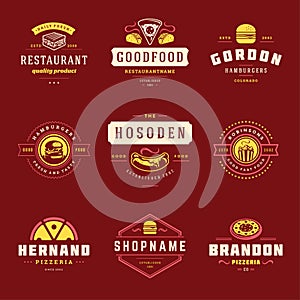 Fast food logos set vector illustration good for pizzeria or burger shop and restaurant menu badges with food silhouette