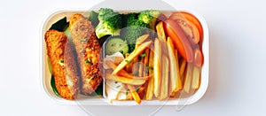 Fast food lunch box with chicken nuggets, fries, broccoli, and tomatoes