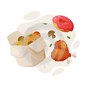 Fast Food Lunch with Cooked Chinese Noodles, Fried Chicken Leg and Donut Vector Composition