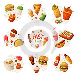 Fast Food Lunch with Cooked Hamburger, Soda and Chinese Noodles Vector Composition Set