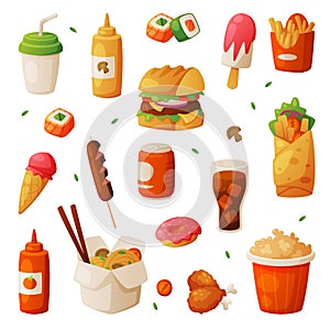 Fast Food Lunch with Cooked Hamburger, Soda and Chinese Noodles Vector Set