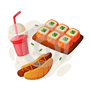 Fast Food Lunch with Cooked Hot Dog, Sushi Roll with Salmon and Soda in Cup with Straw Vector Composition