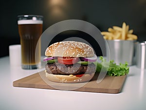 Fast Food Meal Beef Burger and Coke Drink French Fries with Wooden Placemat