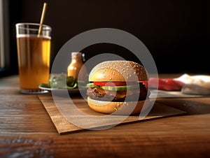 Fast Food Meal Beef Burger and Coke Drink with Wooden Placemat